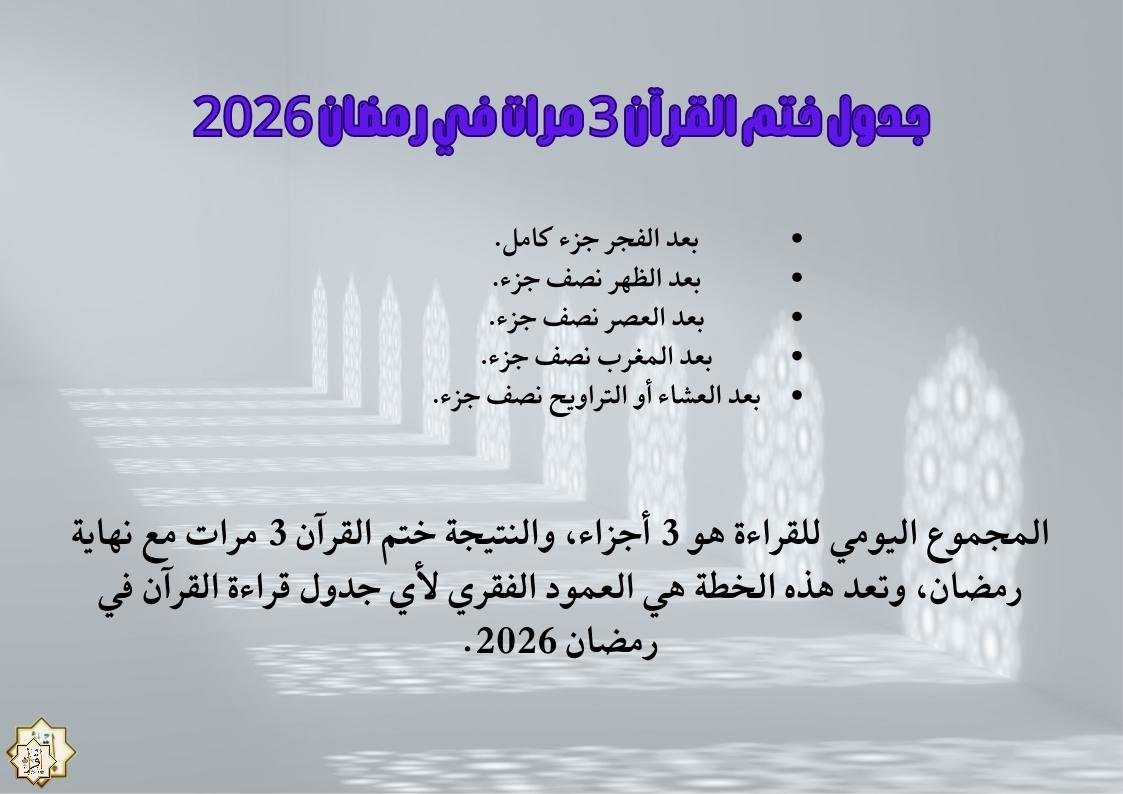 جدول ختم القرآن 3 مرات في رمضان 2026| خطة يومية سهلة ومجربة جدول ختم القرآن 3 مرات في رمضان 2026| خطة يومية سهلة ومجربة